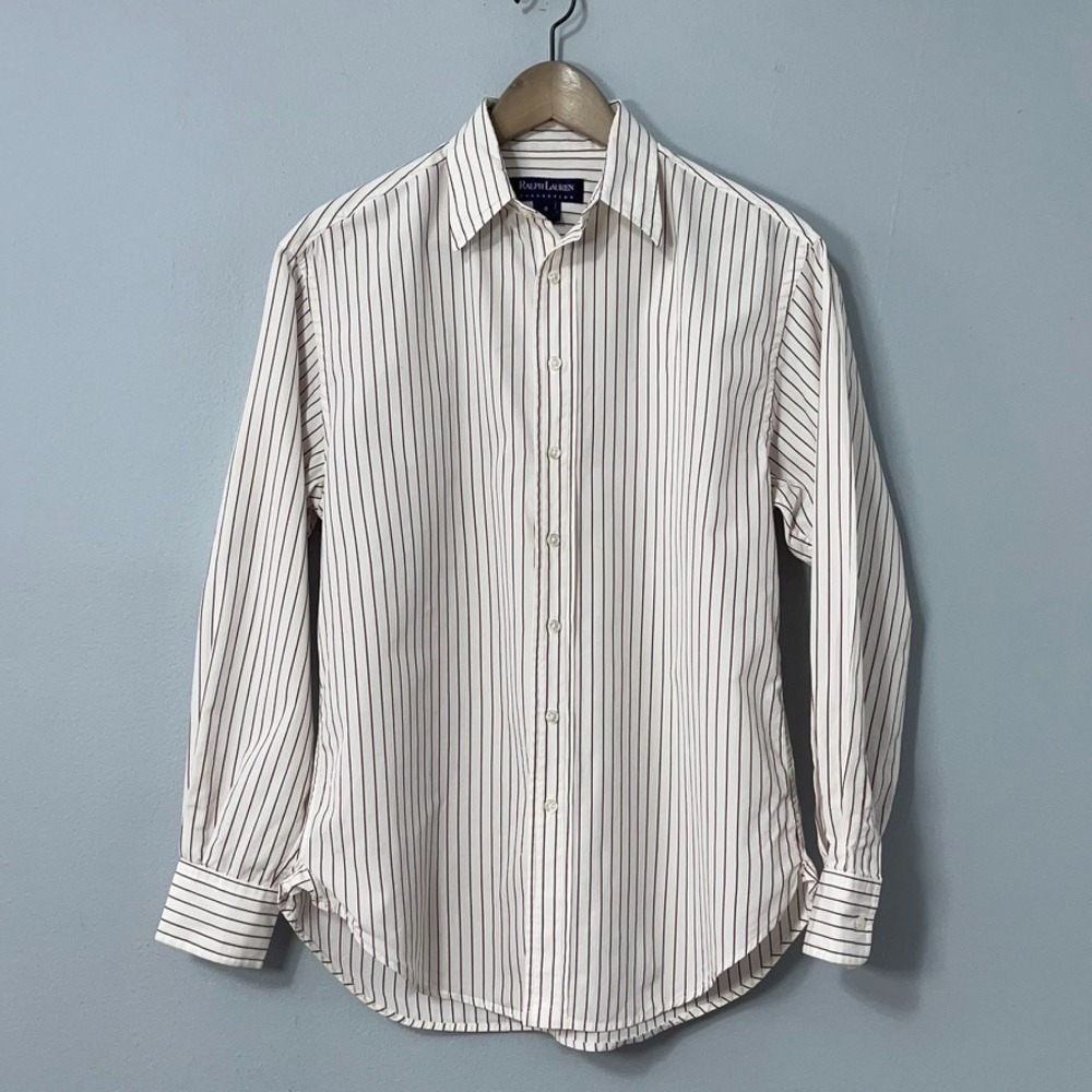 Ralph Lauren Collection Purple Label Blouse Women 8 White Maroon Pinstripe FLAWS